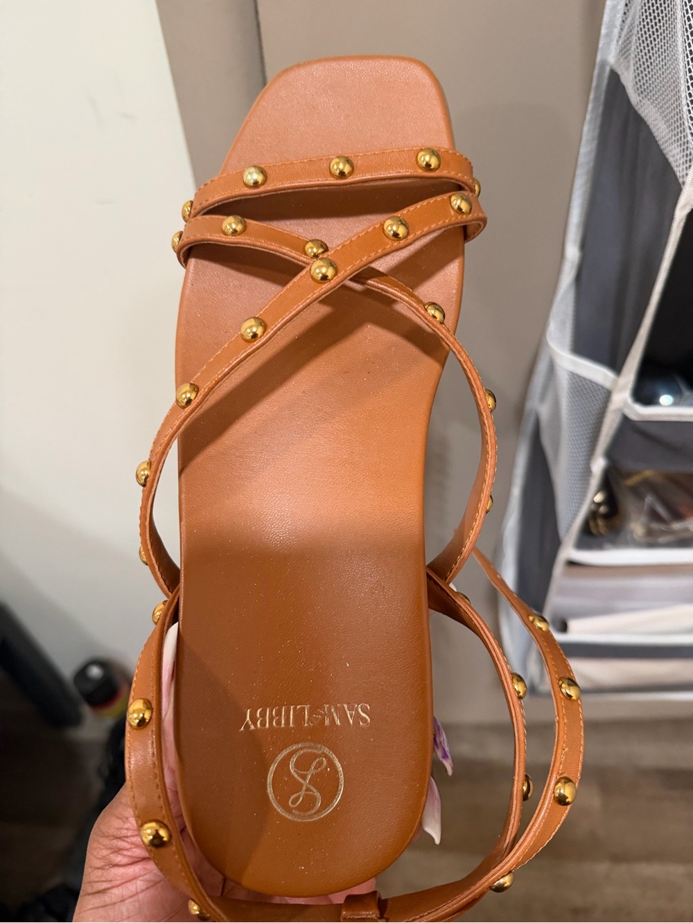 Women's Tan Strappy Sandals with Gold Studs